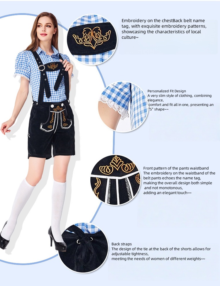 Womens Oktoberfest Outfit Embroidered Blouse with Lederhosen Shorts